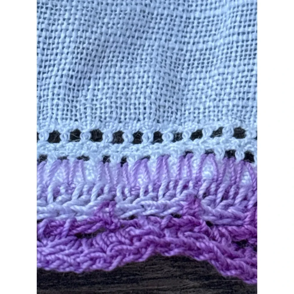 Vintage White Handkerchief With Purple Crocheted Trim READ